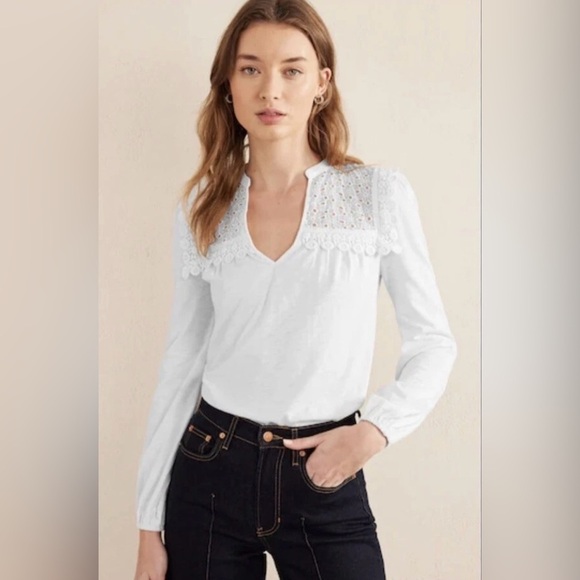 Boden Tops - Boden White Eyelet Lace Notch Neck Crochet Trim Top, Size 12